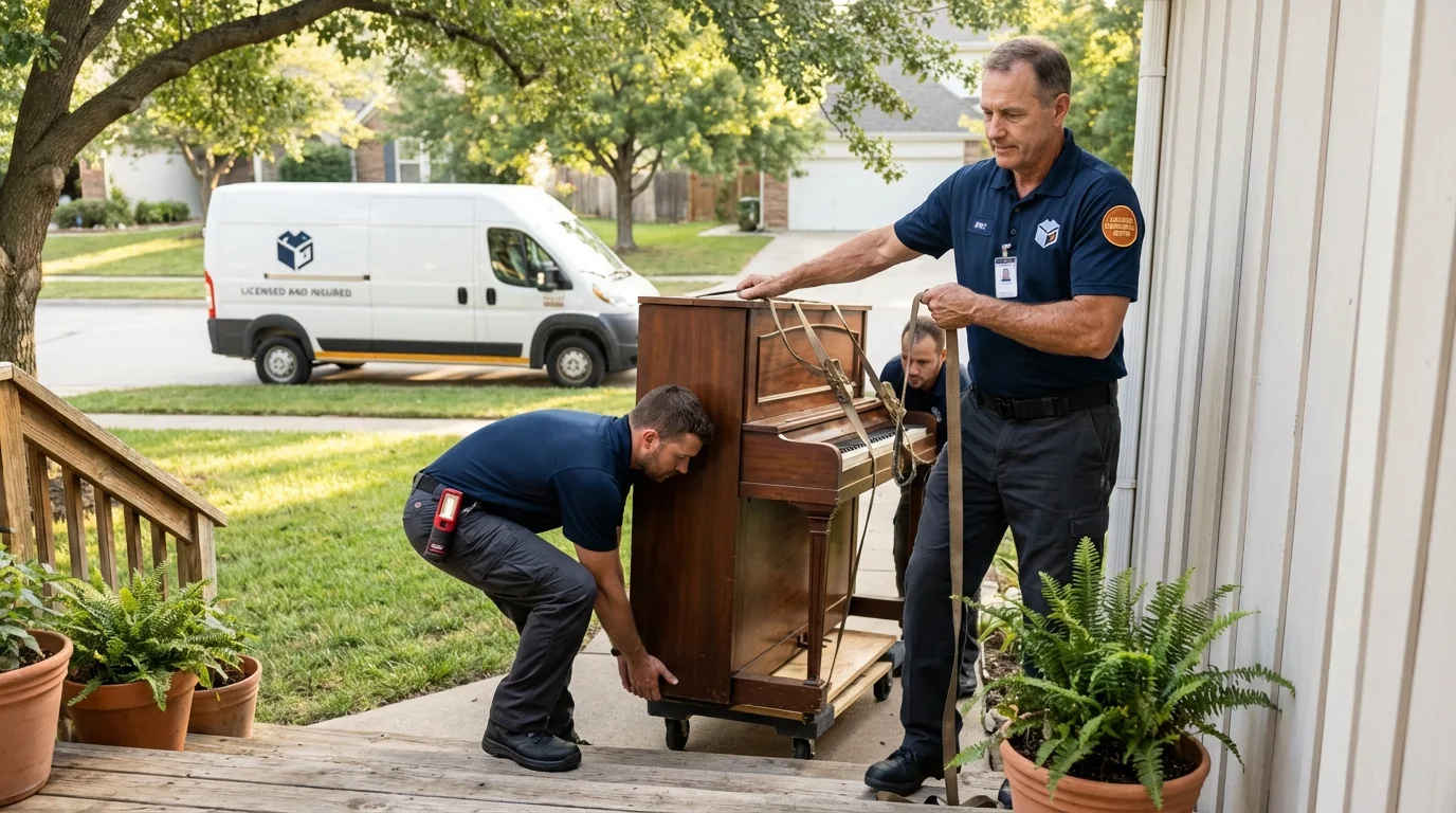 Licensed piano movers securing grand piano in Beaverton, MI