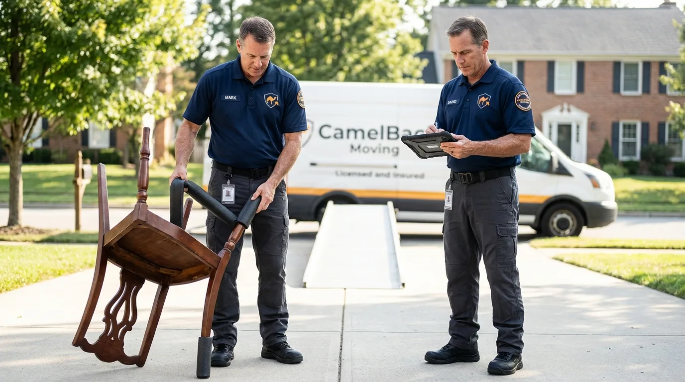Movers inspecting furniture for damage prevention before loading in Beaverton, MI